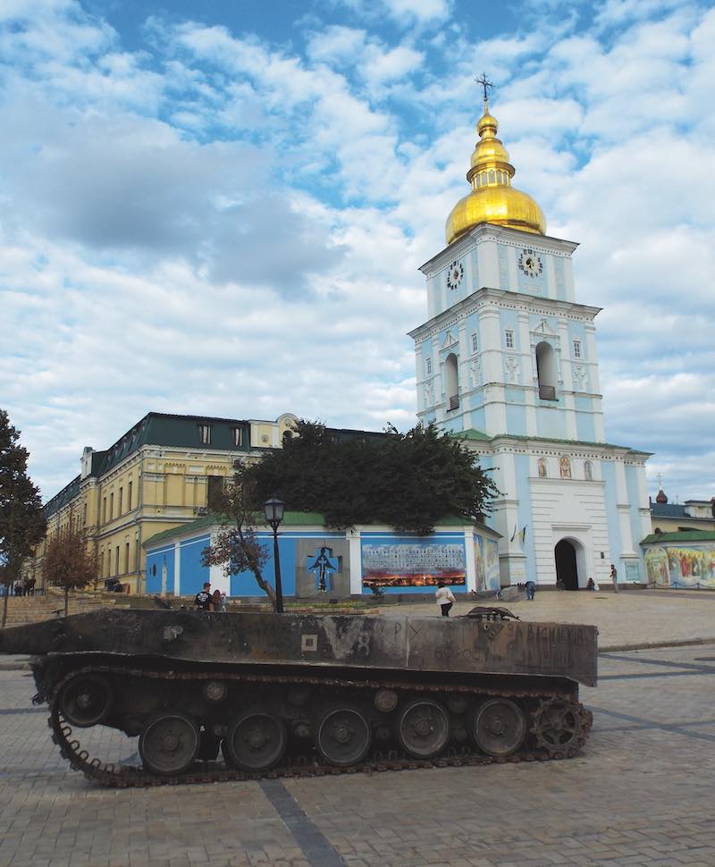 One of the ruined Russian armored vehicles outside St. Michael's Golden-Domed Monastery in Kyiv, Ukraine.