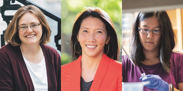 2023 MacArthur Foundation Fellowship winners, from left: Melanie Matchett Wood '03, Emily Wang M.D. '03, Jenny Tung '03, Ph.D. '10
