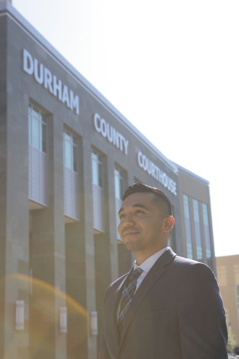 Arturo Nava in front of Durham County Courthouse
