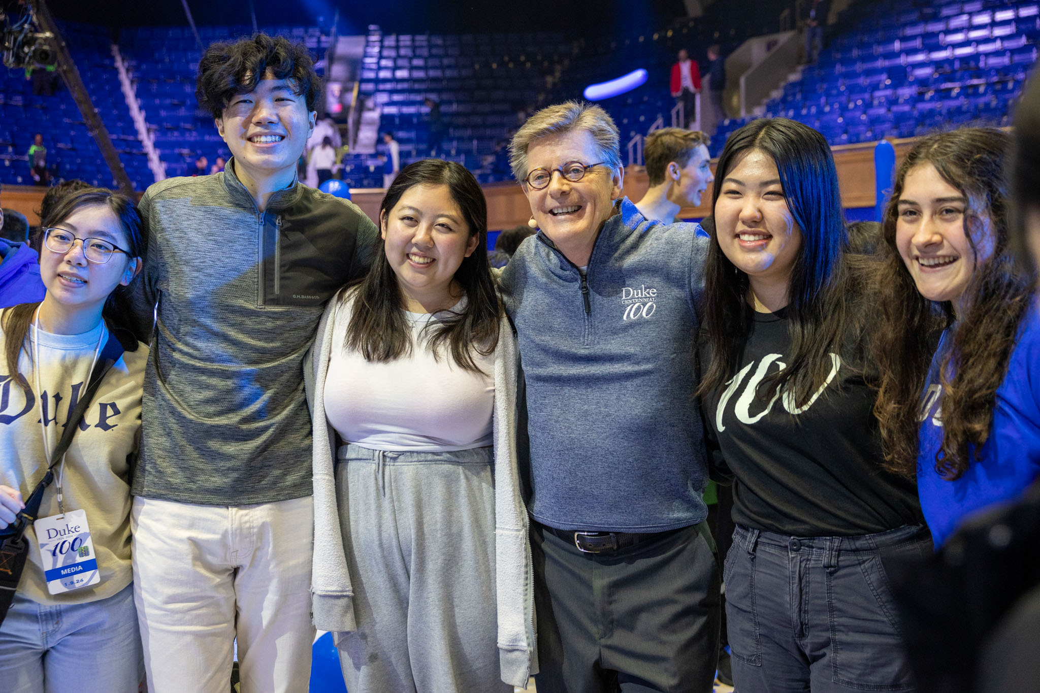Duke President Vincent E. Price, center, with students at the centennial kickoff Photo by Duke University