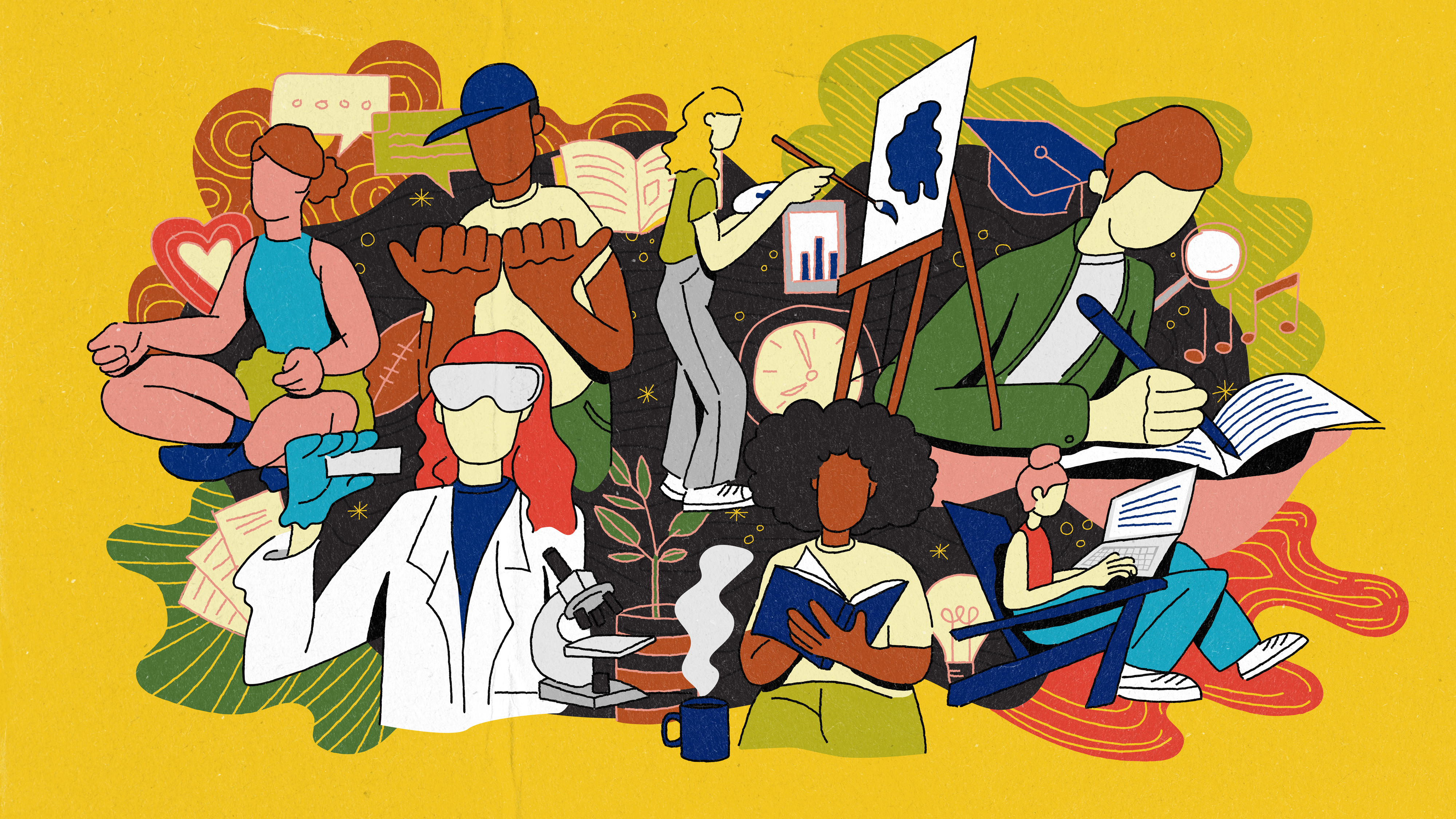 Illustration of students doing different things