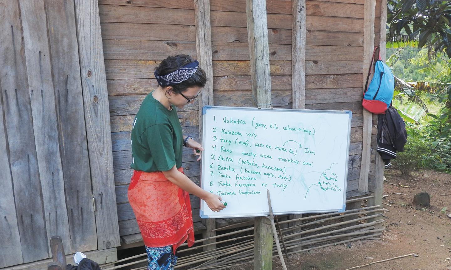 Karie Whitman guiding a focus group on rice agriculture (in Malagasy) in a village near Maromizaha Forest;
