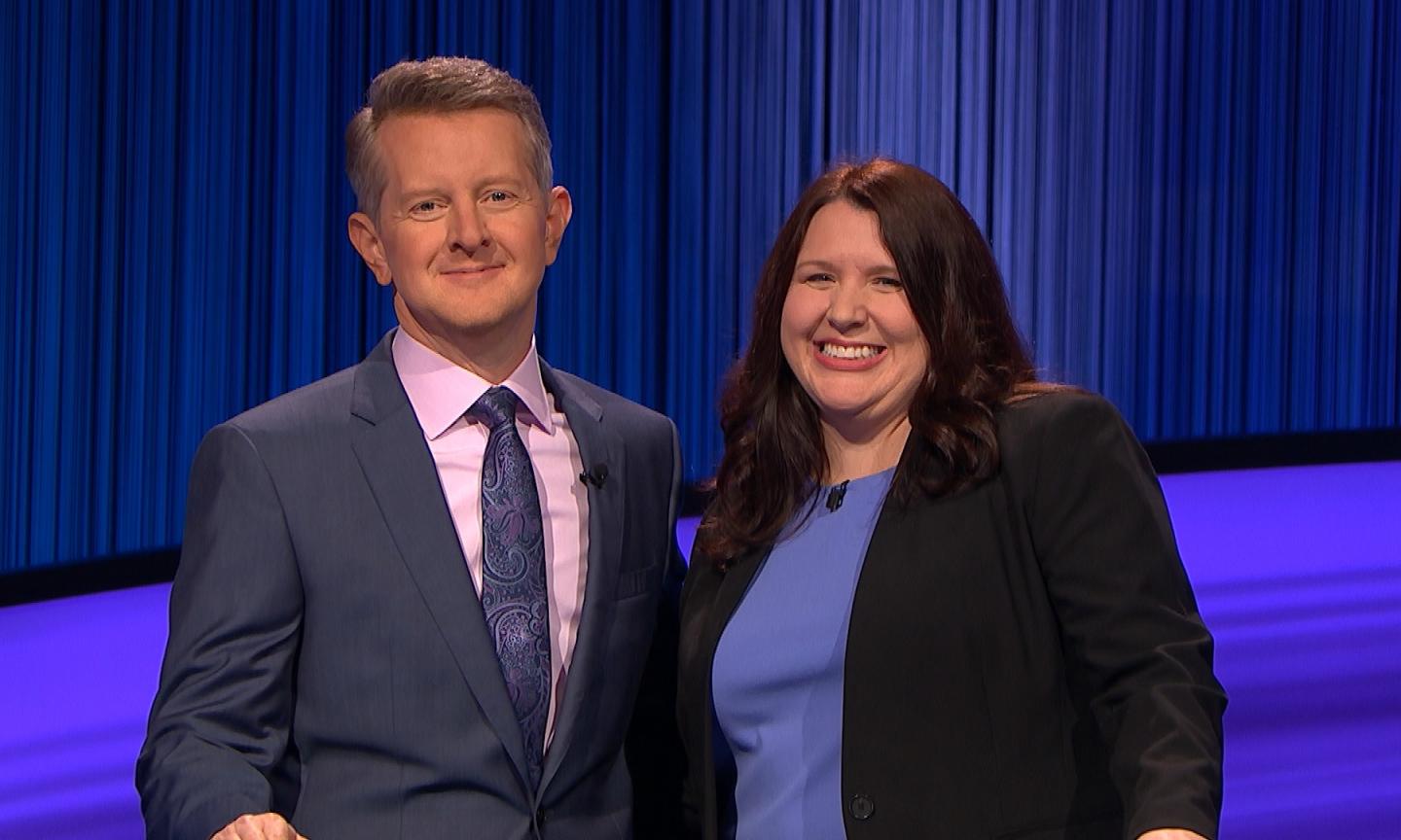 Brianne Barker with Jeopardy! host Ken Jennings.